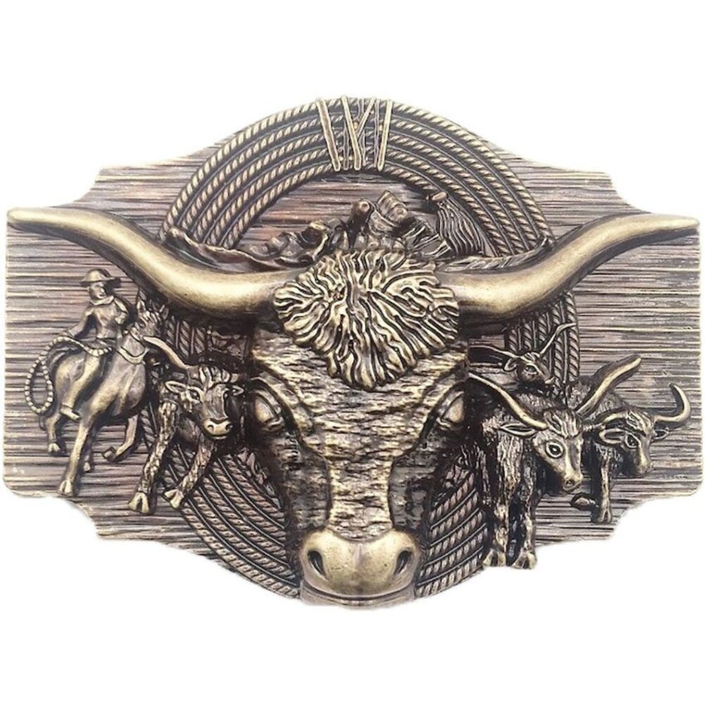 Cowboy Longhorn Cattle Stampede Gold Tone Western Belt Buckle NWT